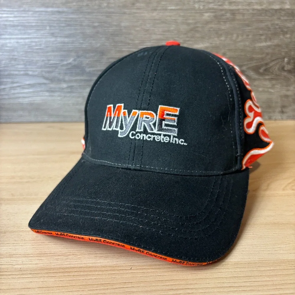 MYRE Concrete Inc Hat Cap Strap Back Black Orange Flames